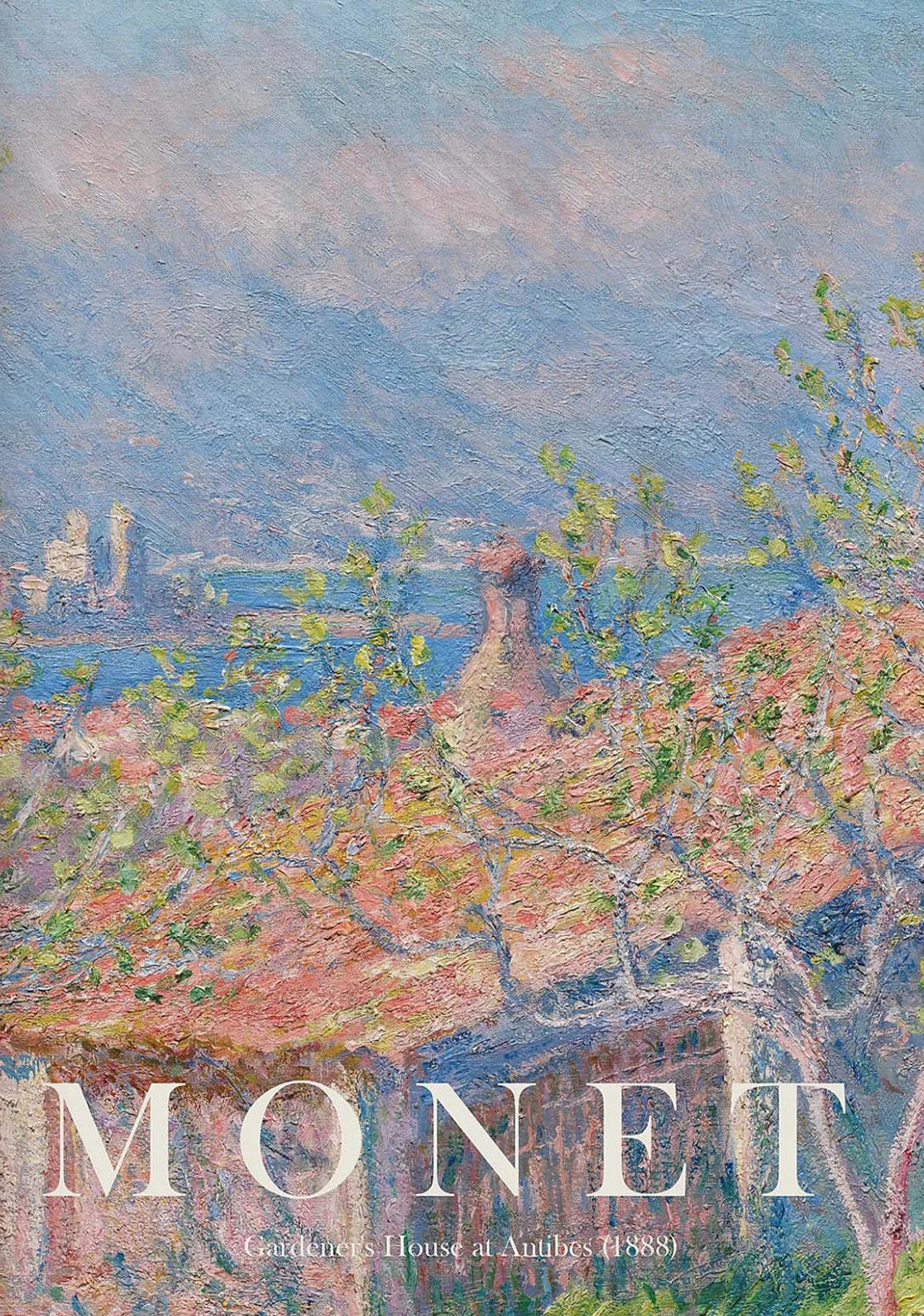 Painting of a coastal scene with 'Monet' at the bottom