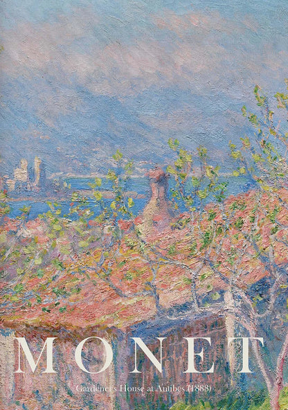 Painting of a coastal scene with 'Monet' at the bottom
