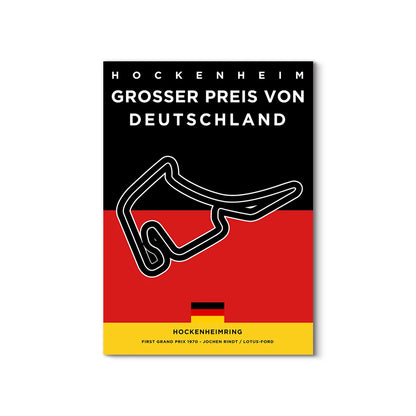 Poster of Hockenheim Grand Prix with track outline on a black, red, and yellow background