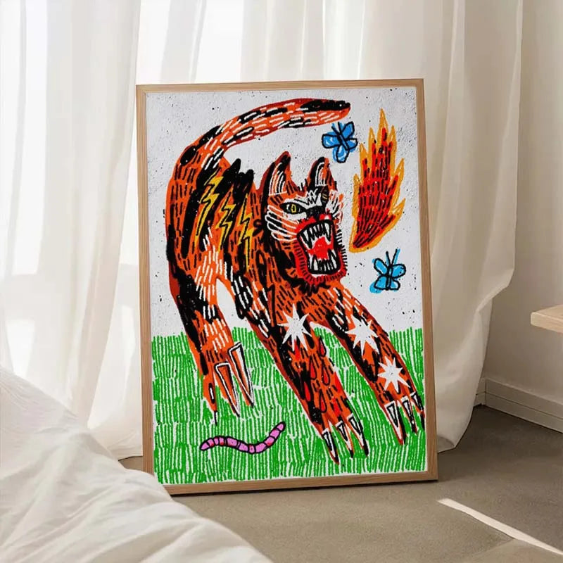 Colorful drawing of a tiger on a white wall with light curtains.