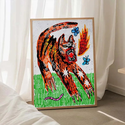 Colorful drawing of a tiger on a white wall with light curtains.
