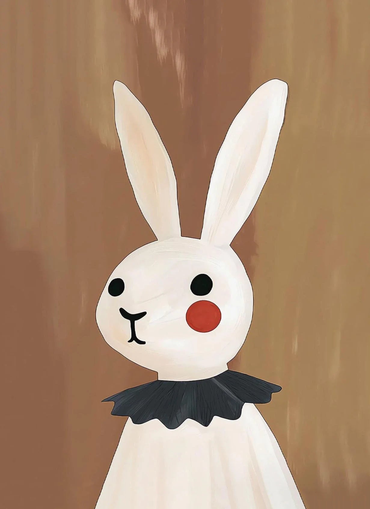 Cartoon-like rabbit character with a black collar on a brown background