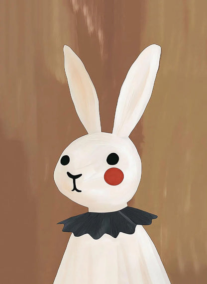 Cartoon-like rabbit character with a black collar on a brown background