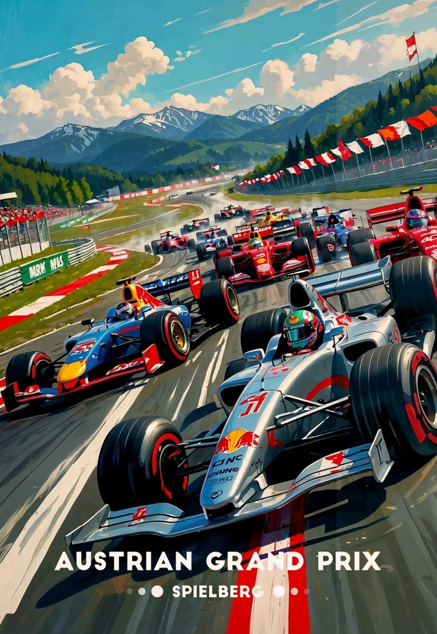 Formula 1 cars on a racetrack with mountains in the background, labeled 'Austrian Grand Prix Spielberg'.