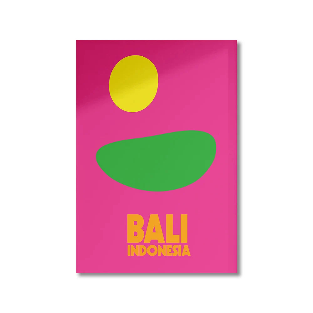 Poster with a pink background, yellow circle, green oval, and 'Bali Indonesia' text.