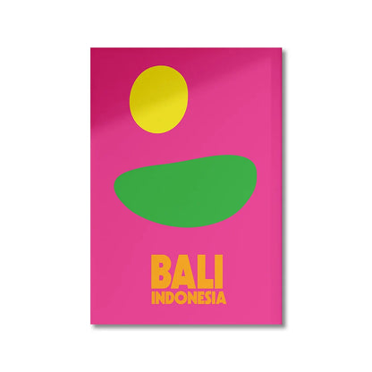 Poster with a pink background, yellow circle, green oval, and 'Bali Indonesia' text.