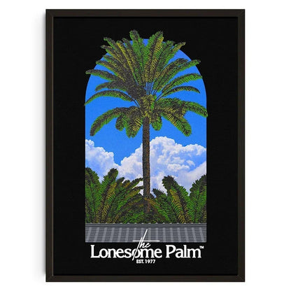 Framed artwork of a palm tree with 'The Lonesome Palm' branding.