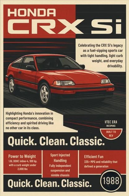 Vintage-style promotional poster for Honda CRX Si with a red car on a black background