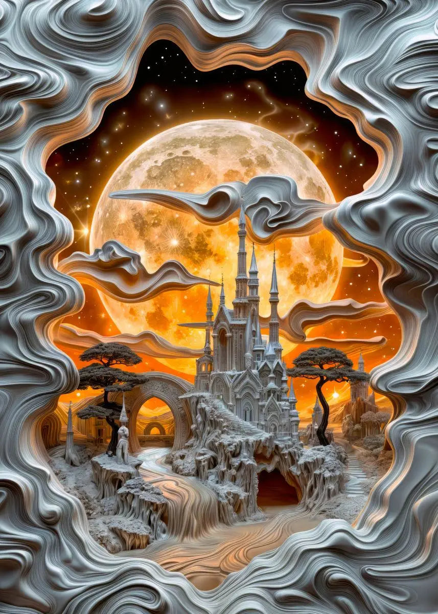Fantasy castle scene with a large moon in an artistic frame