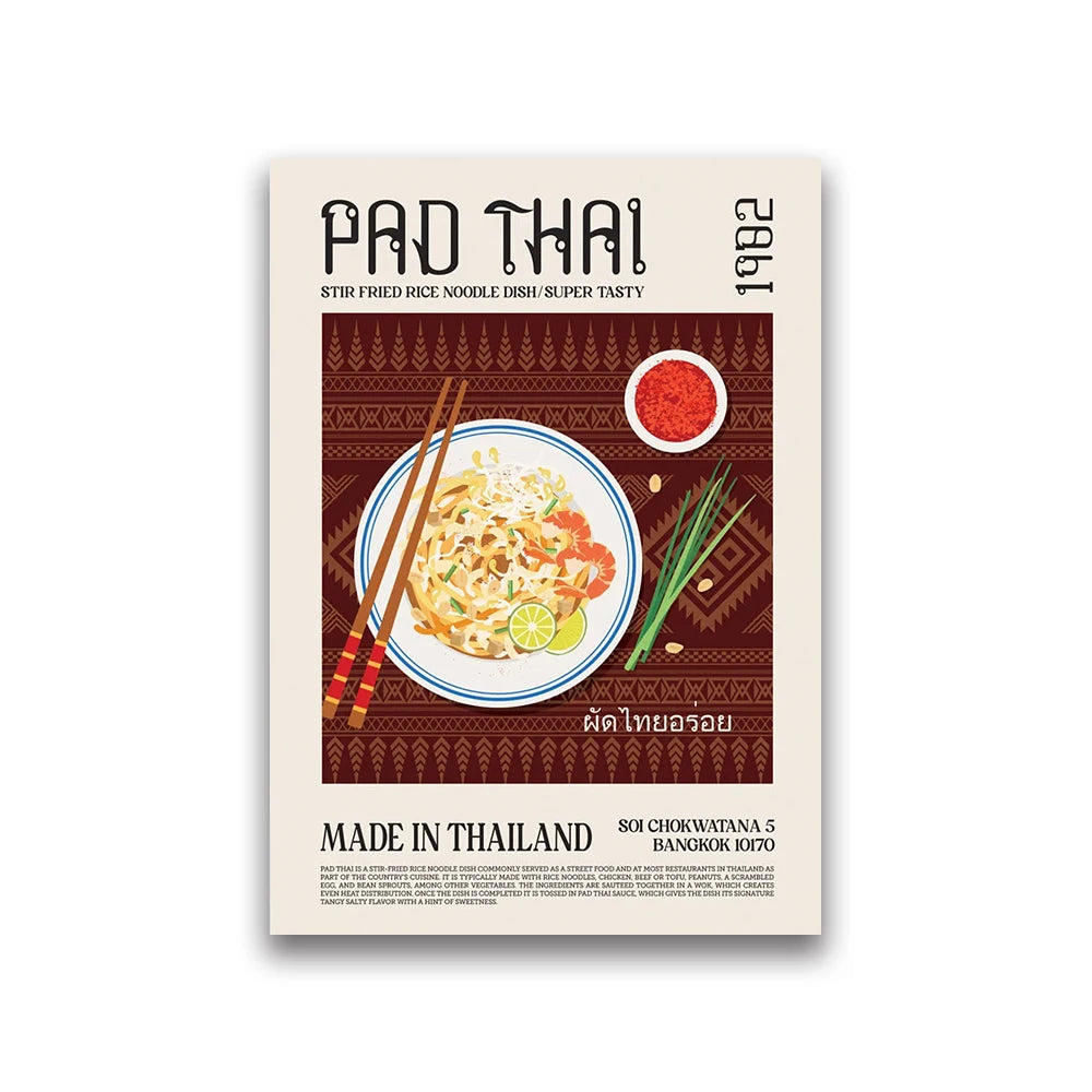 Poster of Pad Thai with text and graphics on a beige background