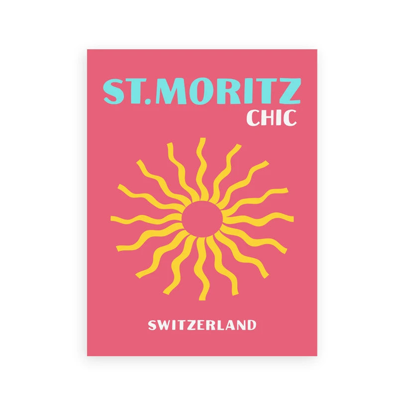Book cover of 'St. Moritz Chic' with a yellow sun design on a pink background