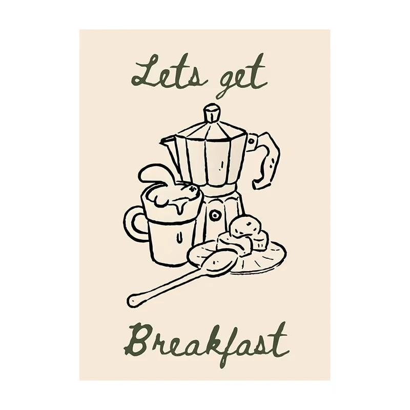 Illustration of a coffee maker with food items and 'Let's get Breakfast' text on a beige background