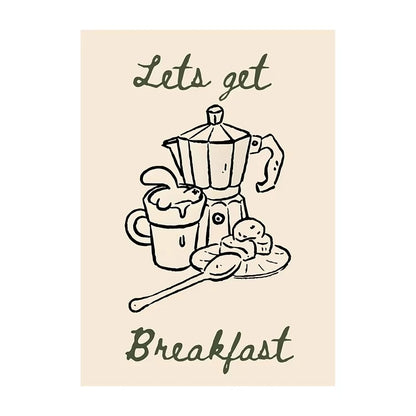 Illustration of a coffee maker with food items and 'Let's get Breakfast' text on a beige background