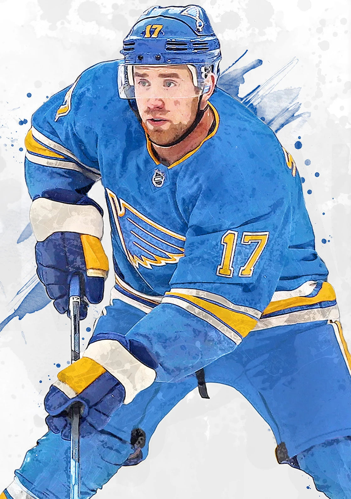 Hockey player in a blue uniform with number 17 on a white background
