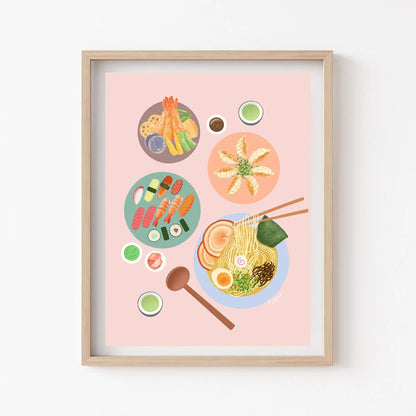 Framed artwork of various Japanese dishes on a pink background
