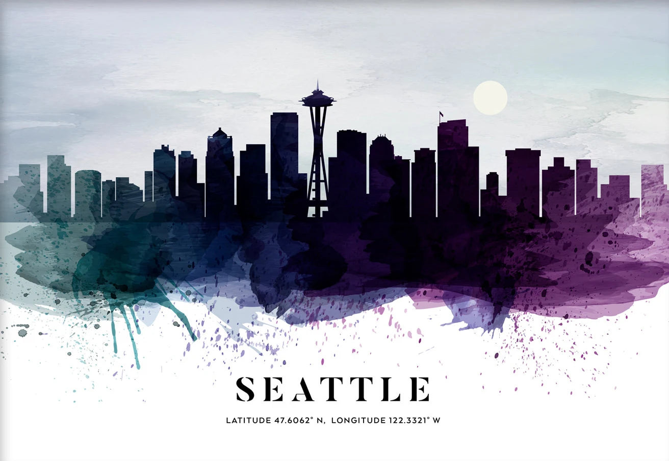 Artistic depiction of Seattle's skyline with watercolor textures