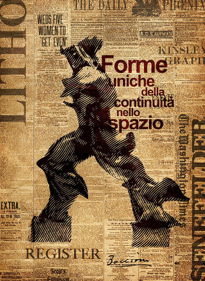 Stylized figure in a hat on a newspaper background with text