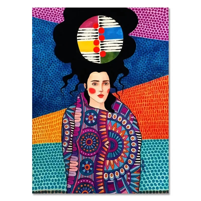 Colorful abstract art print of a woman with patterns on a geometric background