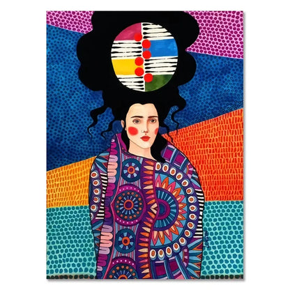 Colorful abstract art print of a woman with patterns on a geometric background