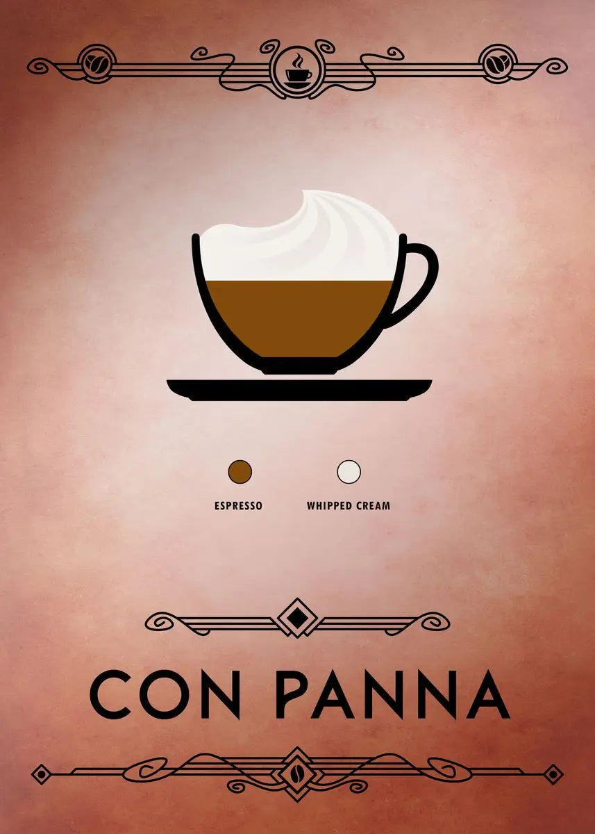 Illustration of a coffee cup with whipped cream labeled 'Con Panna' on a brown background