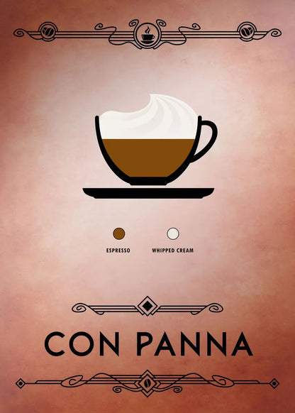 Illustration of a coffee cup with whipped cream labeled 'Con Panna' on a brown background
