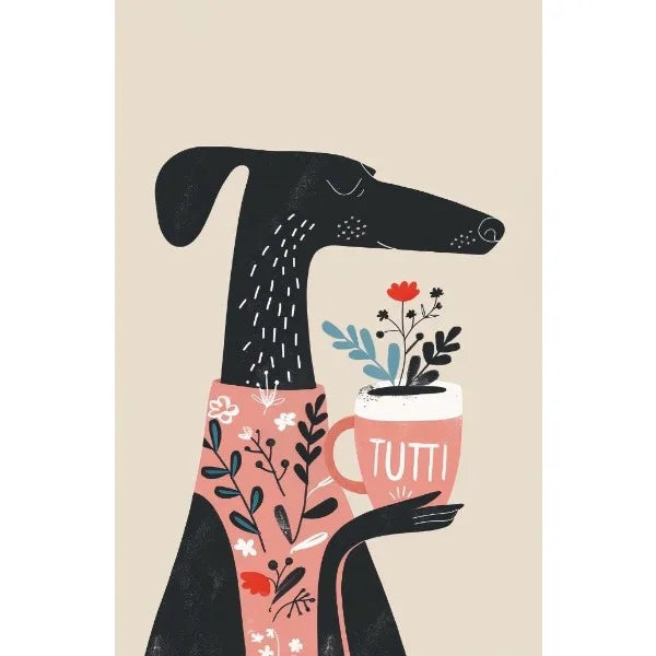 Illustration of a black dog holding a mug with flowers and the word 'TUTTI'.