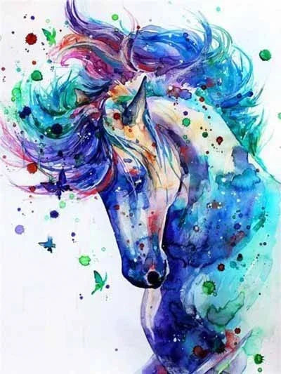Colorful abstract painting of a horse head with watercolor effects.