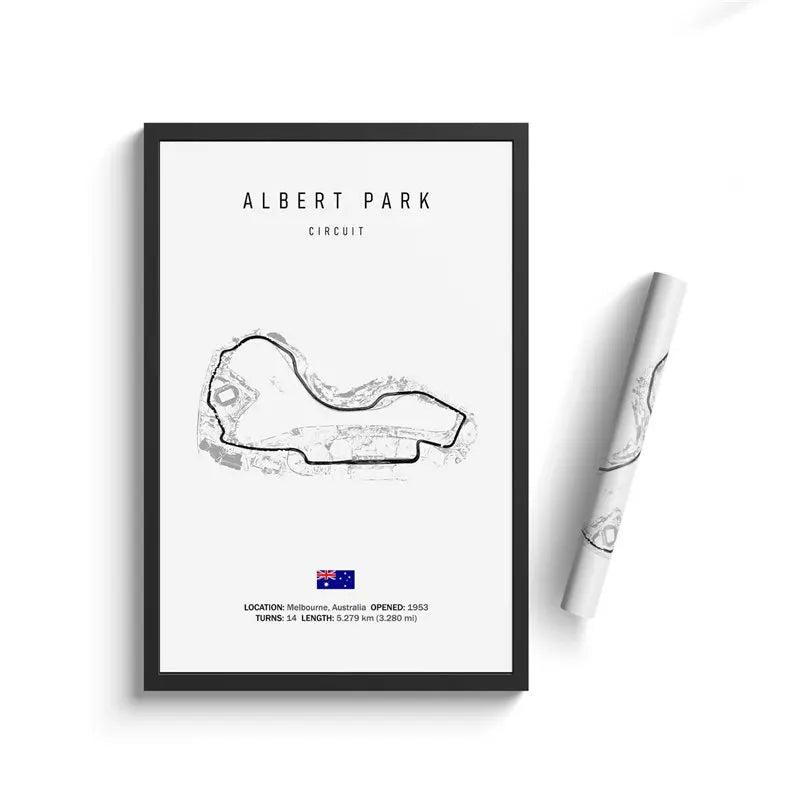 Framed poster of Albert Park Circuit with a white background