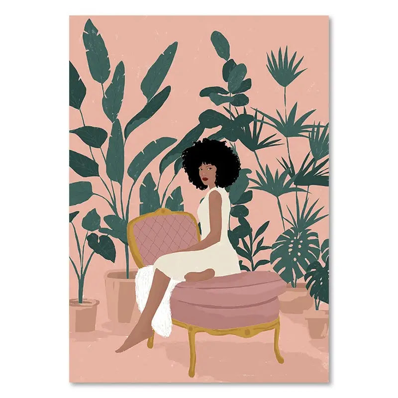 Illustration of a woman sitting on a pink chair surrounded by green plants on a pink background