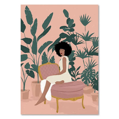 Illustration of a woman sitting on a pink chair surrounded by green plants on a pink background