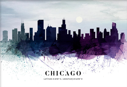 Artistic depiction of Chicago skyline with watercolor splashes on a light background