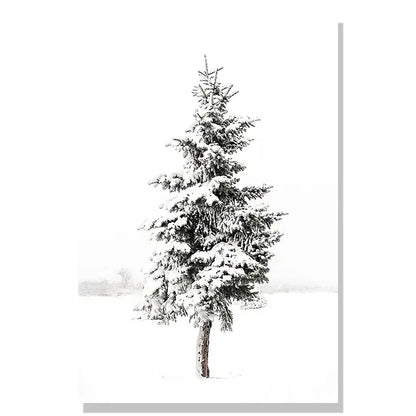 Snow-covered pine tree against a white background