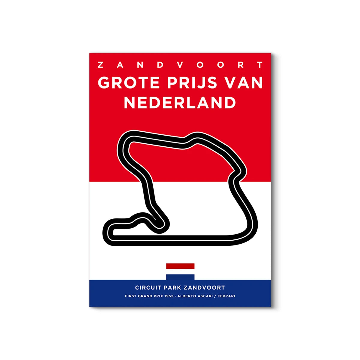 Poster of Zandvoort Grand Prix van Nederland with track outline on a red, white, and blue background.