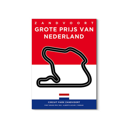 Poster of Zandvoort Grand Prix van Nederland with track outline on a red, white, and blue background.