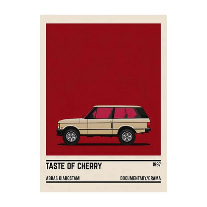 Poster of a beige car on a red background with text about 'Taste of Cherry' film.