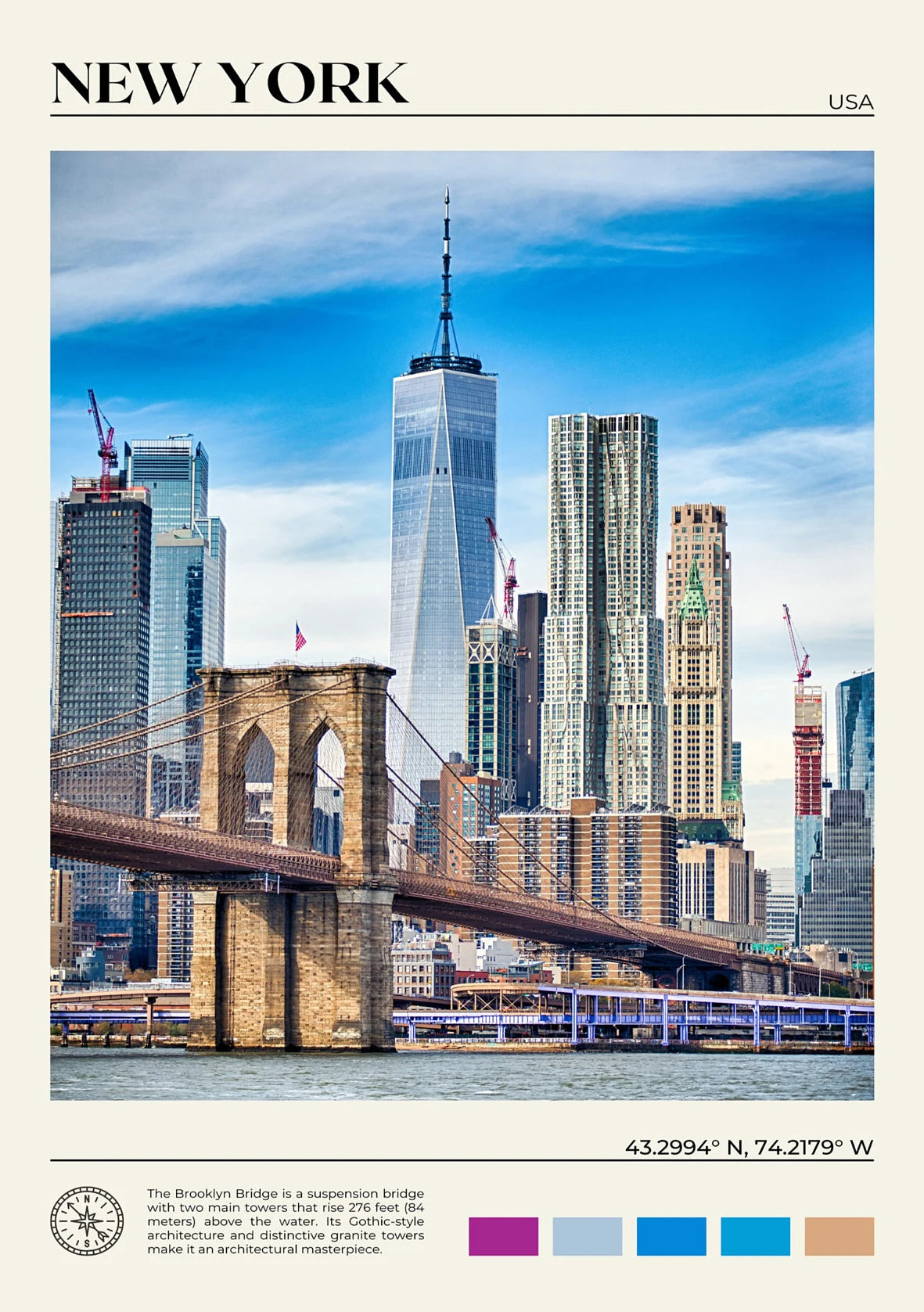 Cityscape of New York with the Brooklyn Bridge and skyline.