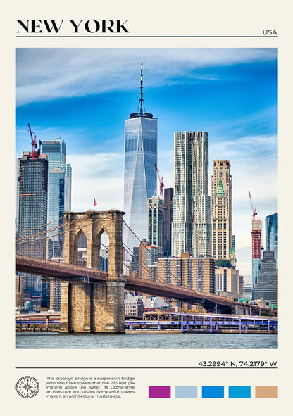 Cityscape of New York with the Brooklyn Bridge and skyline.
