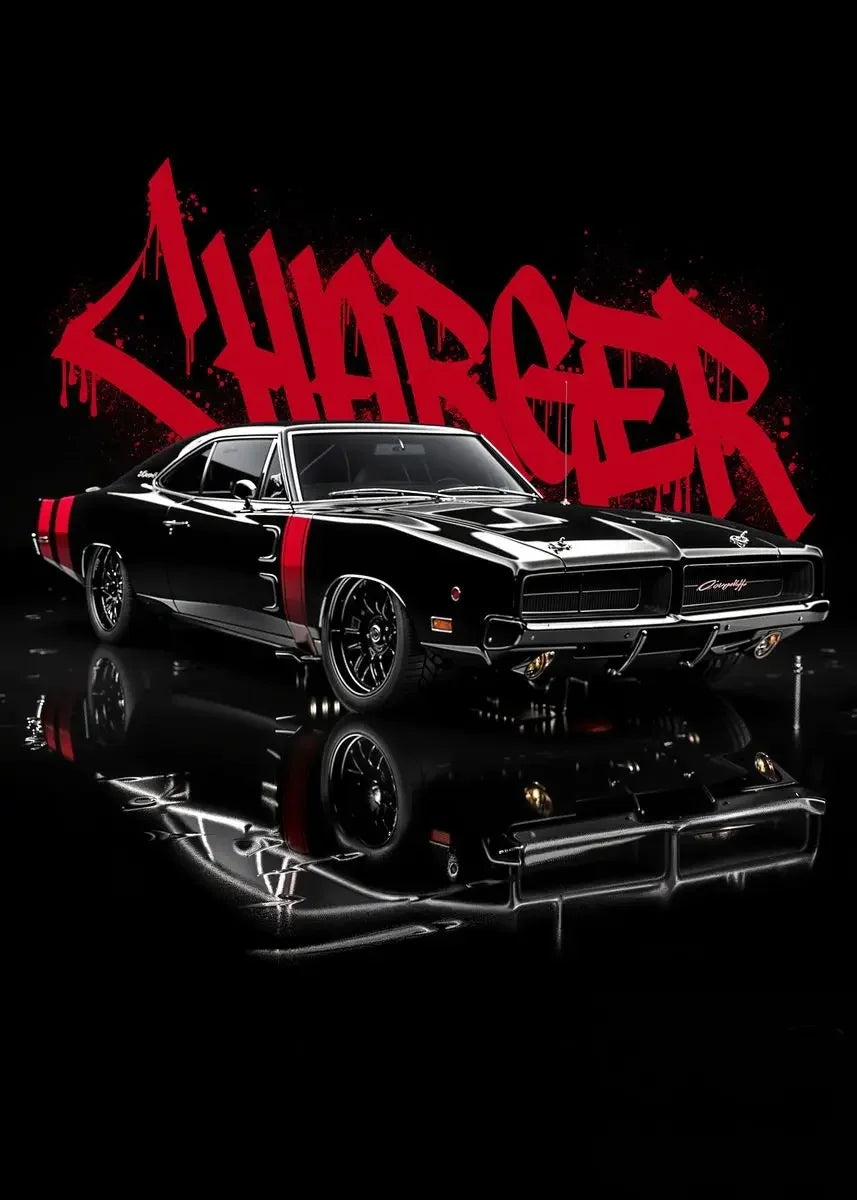 Black muscle car with red 'Charger' text on a reflective black surface