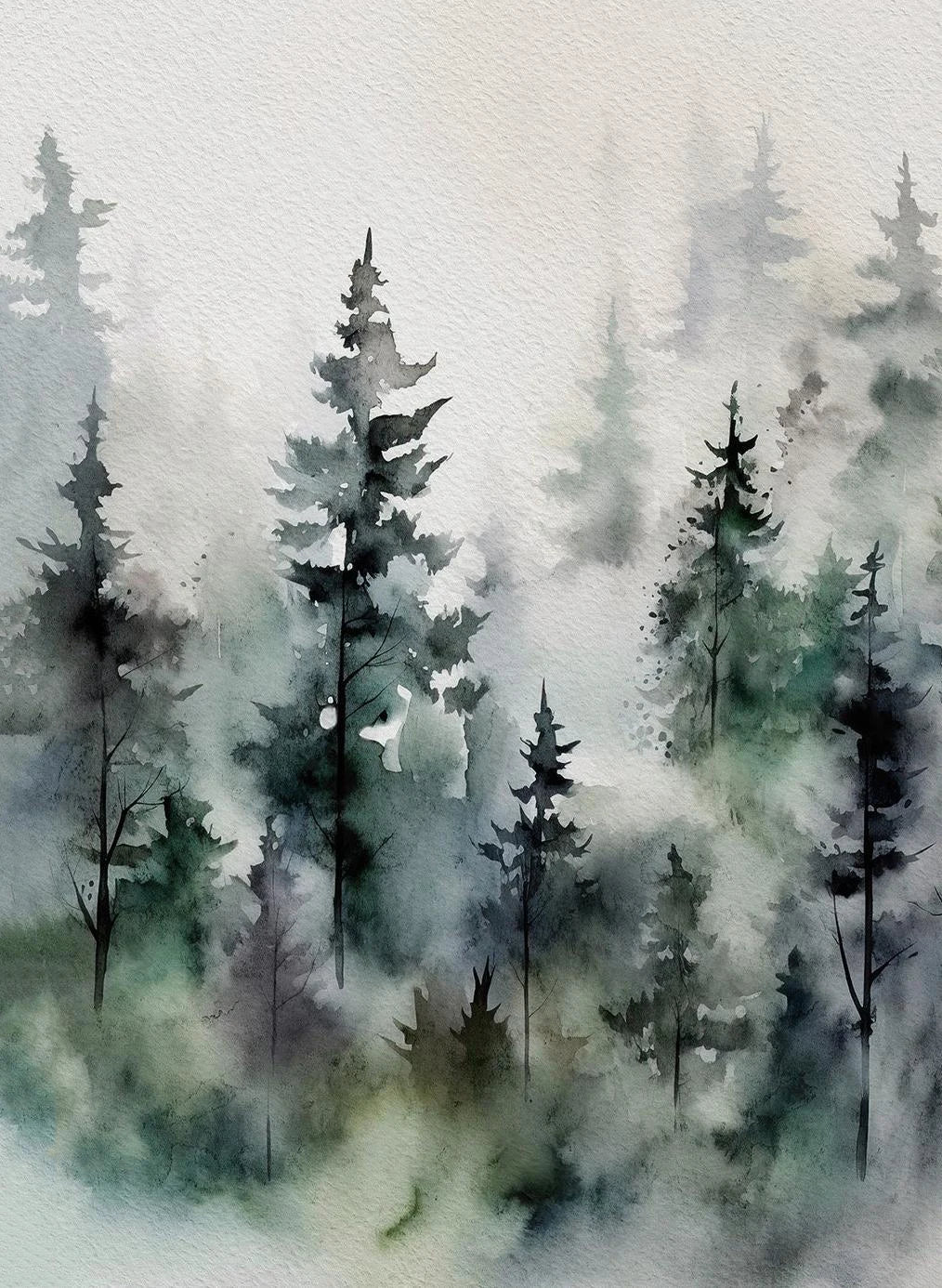 Watercolor painting of a forest with tall trees in a misty setting