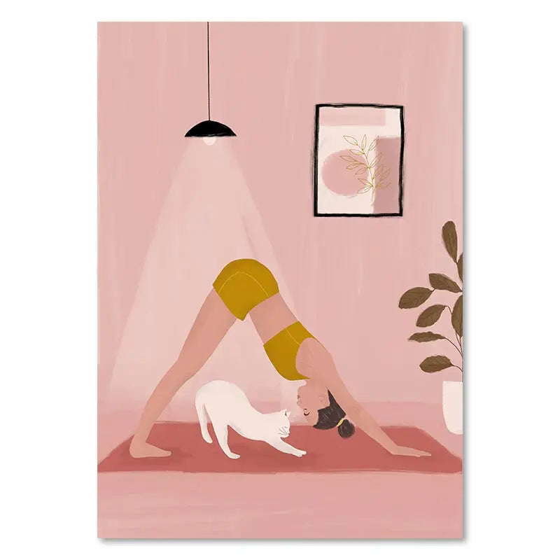 Illustration of a person in a handstand with a cat on a pink background