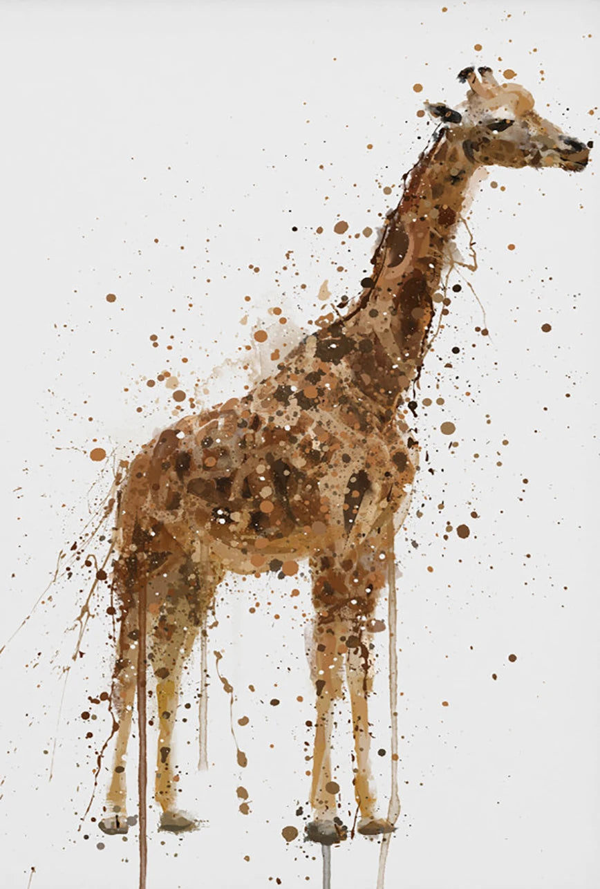 Giraffe art piece with brown splatter design on a light gray background