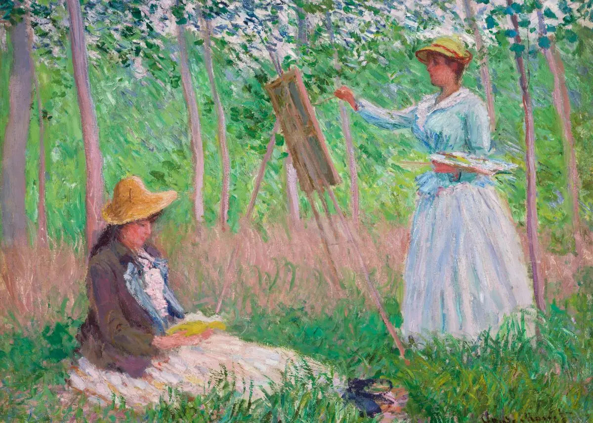 Two women in a forest, one painting and the other reading, with a focus on nature and leisure.