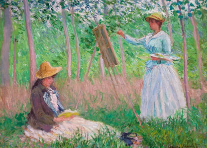 Two women in a forest, one painting and the other reading, with a focus on nature and leisure.