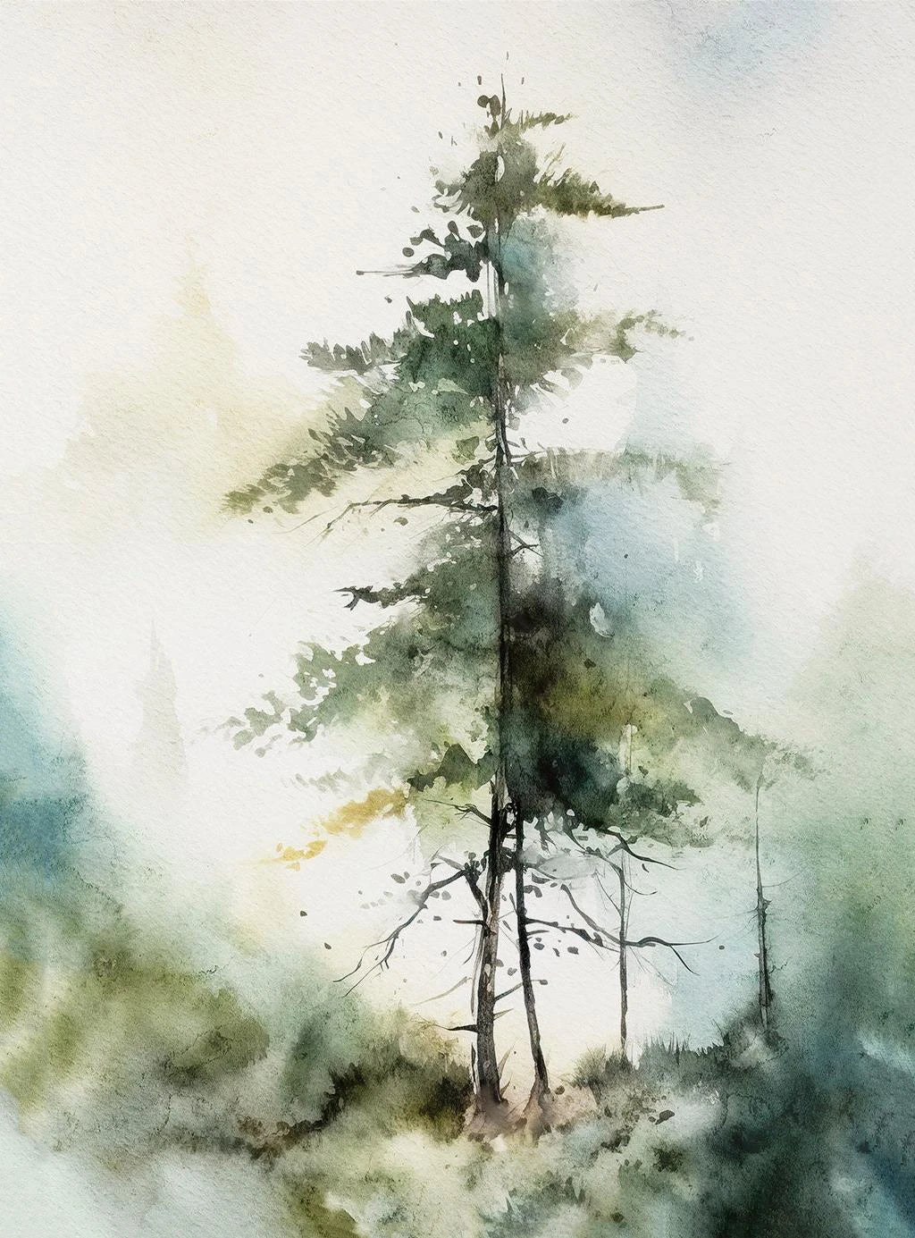Watercolor painting of a solitary tree against a misty background