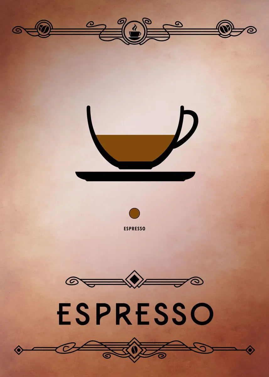 Illustration of an espresso cup with the word 'Espresso' on a beige background