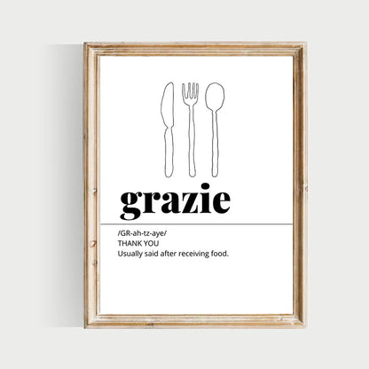 Framed poster with utensils and the word 'grazie' on a white background