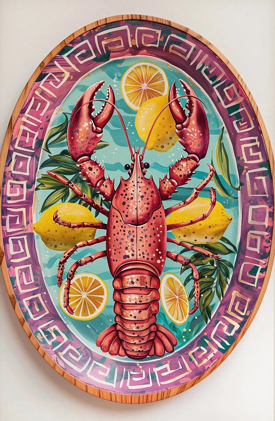 Decorative plate with a colorful illustration of a lobster and lemons on a decorative border.