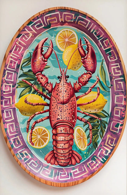 Decorative plate with a colorful illustration of a lobster and lemons on a decorative border.