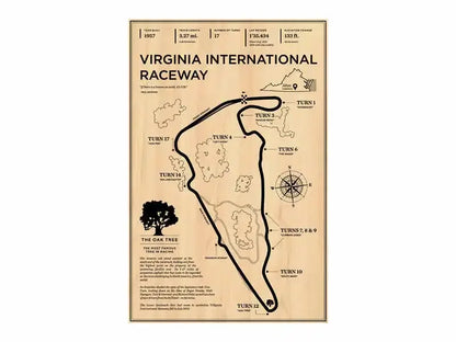 Map of Virginia International Raceway with track layout and landmarks on a beige background