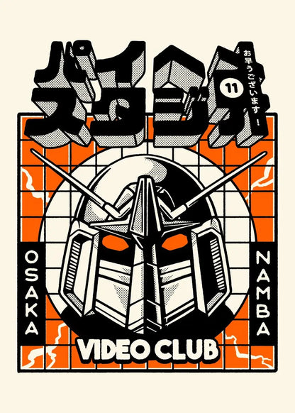 Vintage-style poster with robot design and text, featuring the Osaka Video Club in Namba.